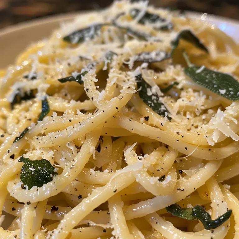 Elevate Your Dinner Game: Brown Butter Sage Pasta That Delivers on Protein Close-up of brown butter sage pasta featuring spaghetti coated in a golden sauce with fresh sage leaves.