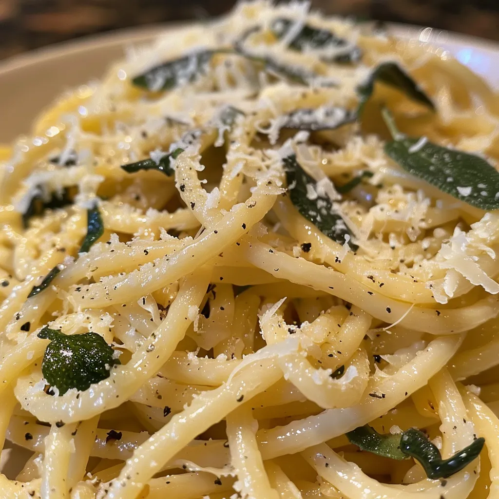 Close-up of brown butter sage pasta featuring spaghetti coated in a golden sauce with fresh sage leaves.