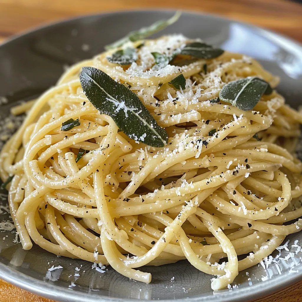 Side view of a plate of brown butter sage pasta, showcasing its creamy texture and garnished with parmesan.
