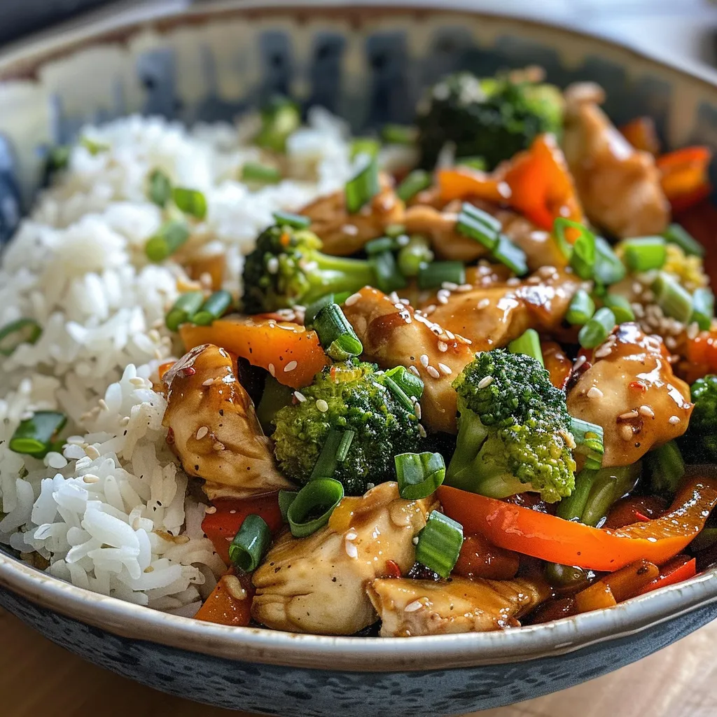 Close-up photo of a colorful stir fry with sliced chicken and mixed vegetables.