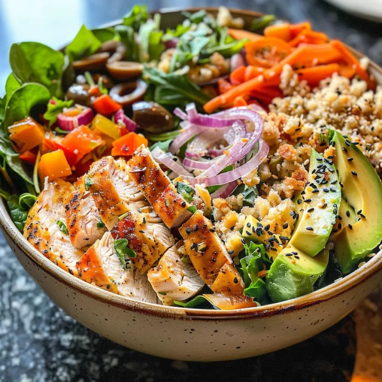 A vibrant Buddha bowl filled with mixed greens, turkey, avocado, and roasted vegetables.