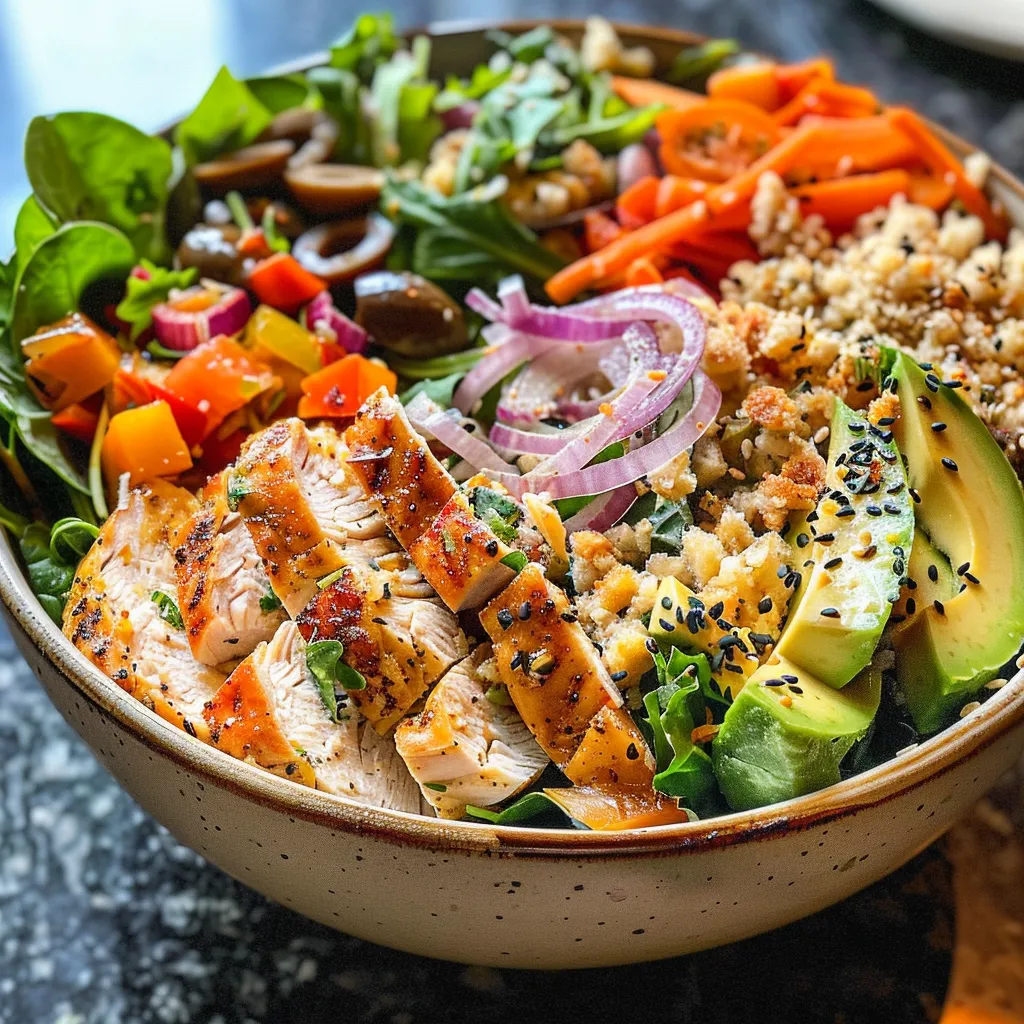 A vibrant Buddha bowl filled with mixed greens, turkey, avocado, and roasted vegetables.