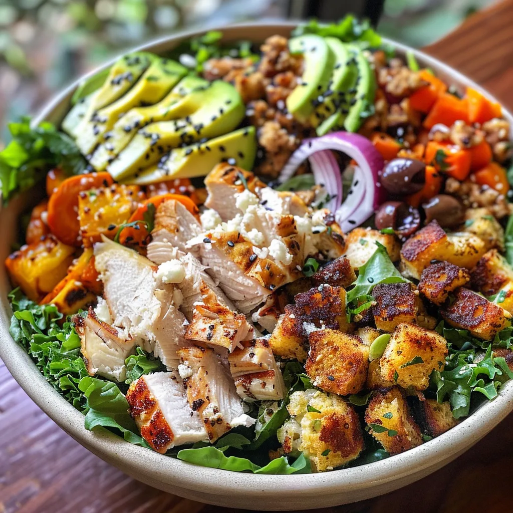 Close-up view of a colorful Thanksgiving leftovers Buddha bowl with layers of ingredients.