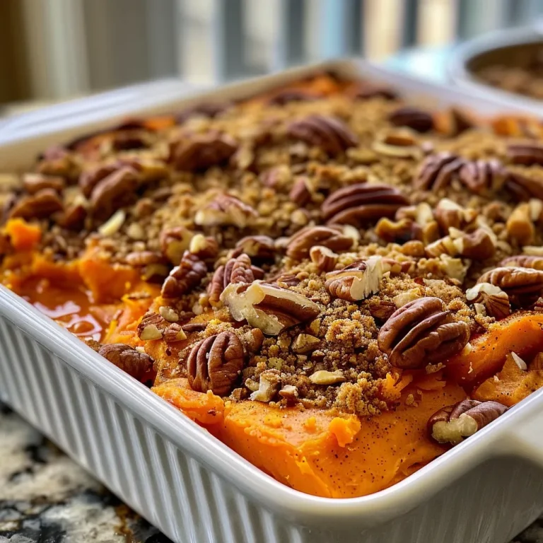 Close-up side view of a golden-brown gluten-free sweet potato casserole topped with chopped pecans.