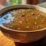 Close-up view of thick, rich Thanksgiving gravy in a bowl, garnished with herbs.