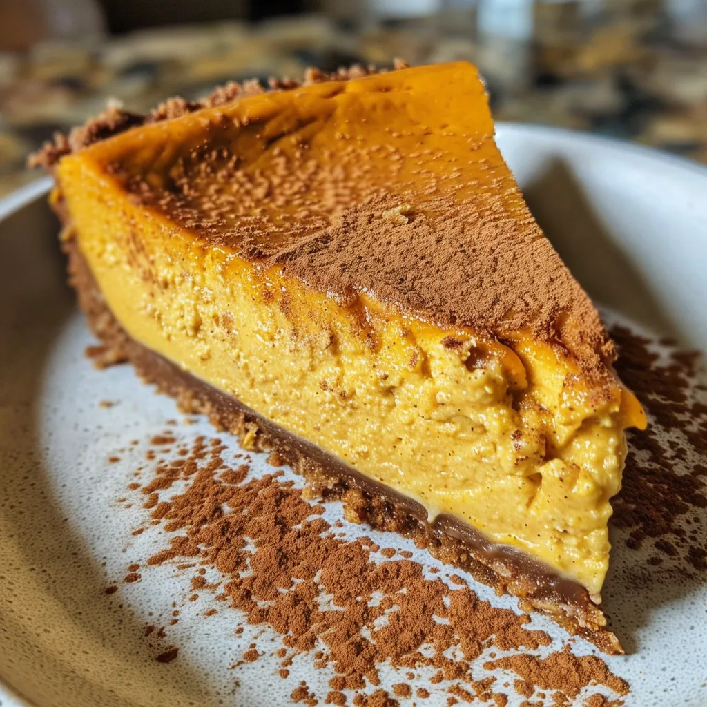 Close-up side view of a healthy pumpkin cheesecake garnished with a creamy layer, showcasing its texture.
