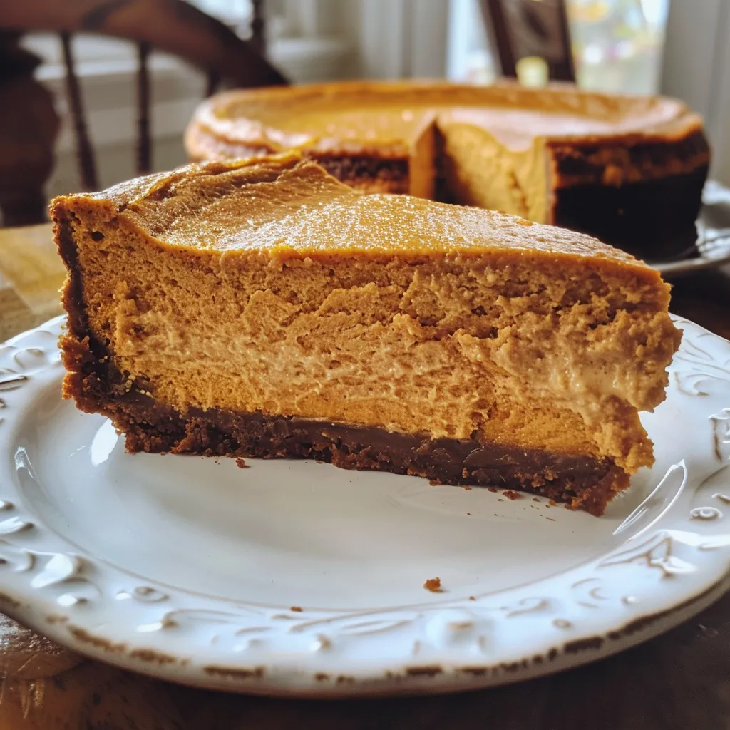 Side view of a slice of pumpkin cheesecake made with Greek yogurt, highlighting its smooth and rich appearance.