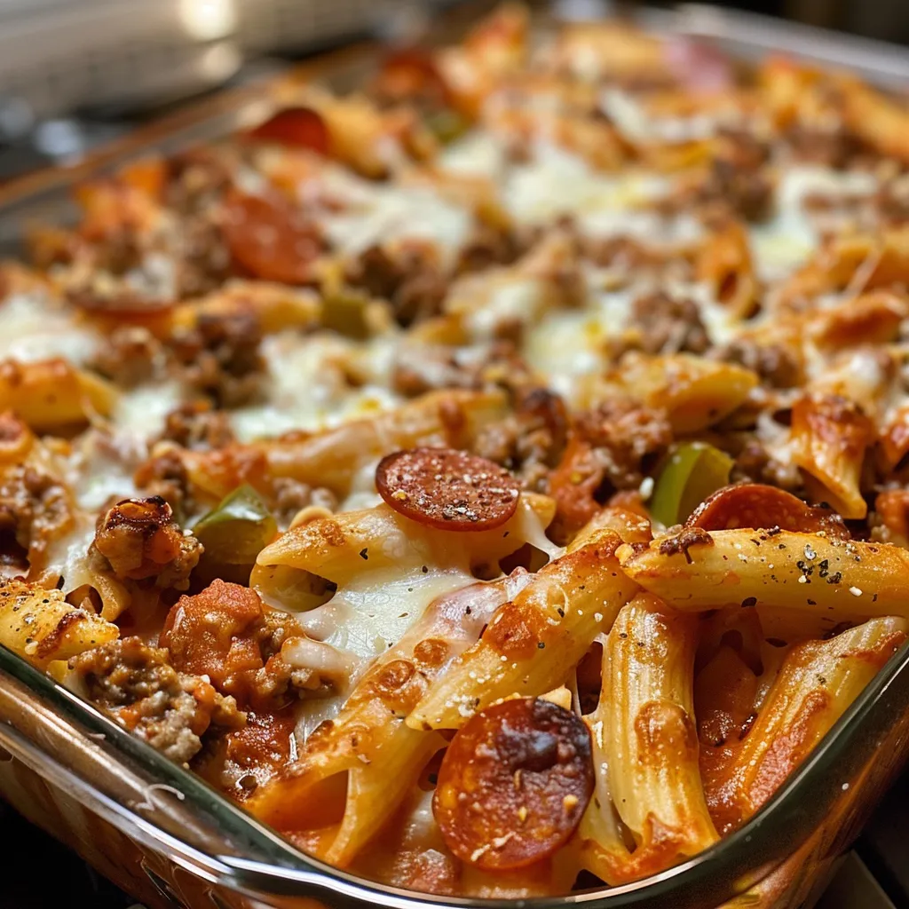 Juicy pasta bake with layers of meat, cheese, and peppers, displayed in a baking dish.