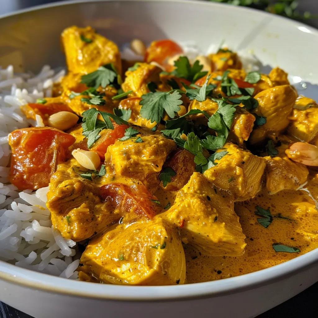 Close-up view of a vibrant chicken curry with herbs and spices.