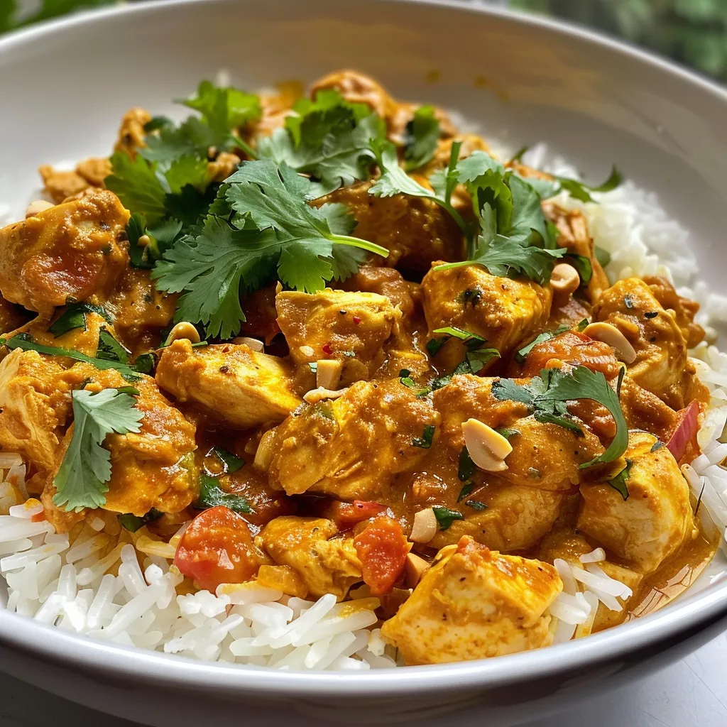 Juicy chicken curry in a bowl, featuring diced tomatoes and yogurt.