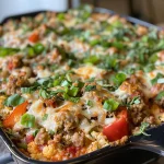 A close-up view of a low carb casserole featuring ground turkey and colorful vegetables.