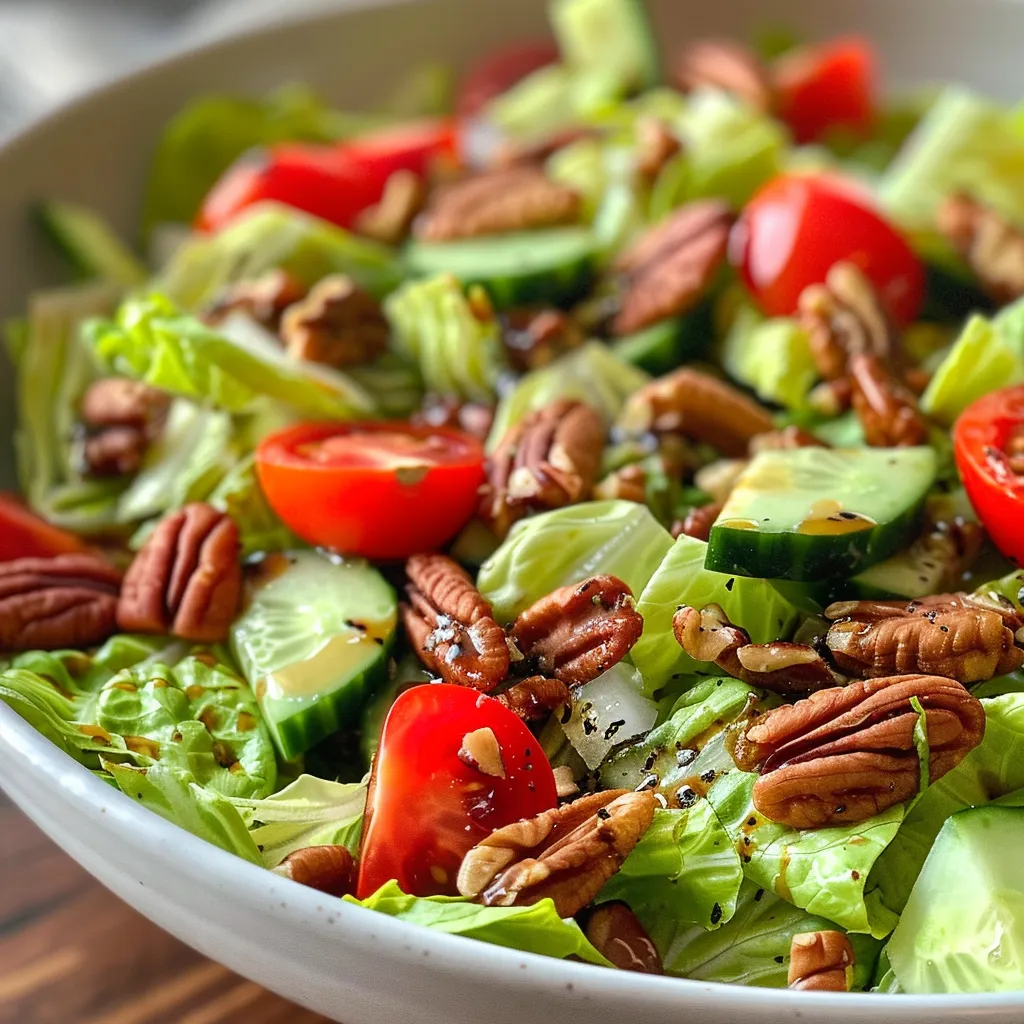 Close-up view of a Balsamic Pecan Salad featuring fresh ingredients.