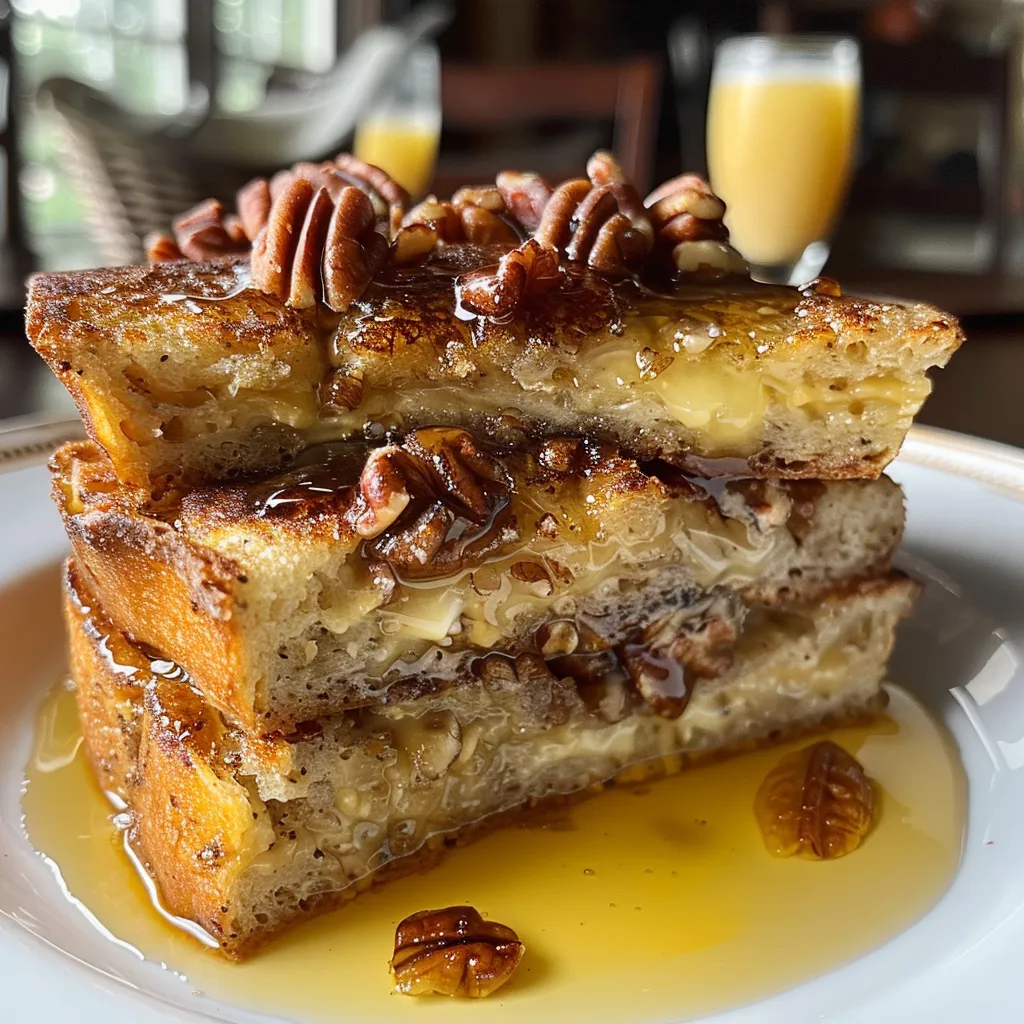 Close-up of a golden-brown High Protein French Toast Casserole topped with pecans and cranberries.