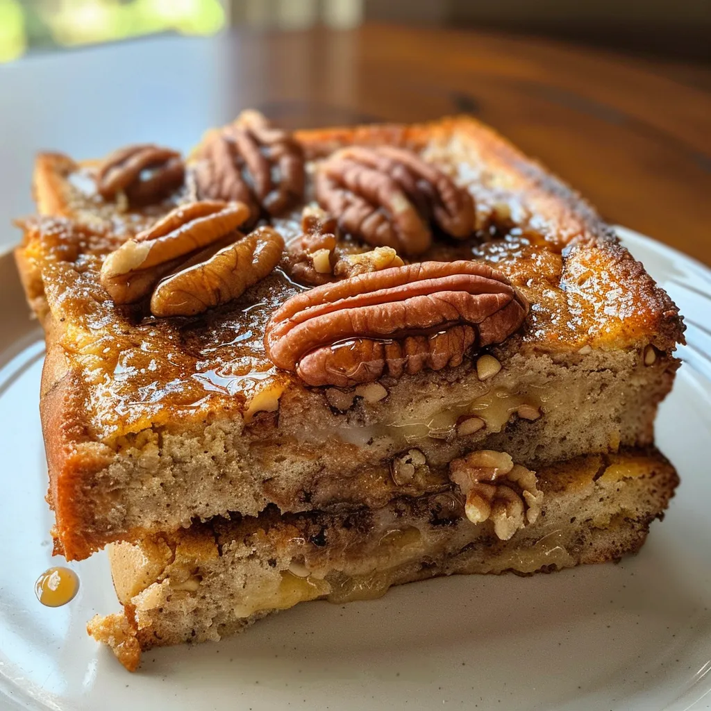 Side view of a slice of High Protein French Toast Casserole showcasing its fluffy texture and toppings.