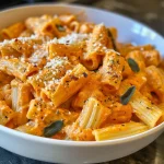 Close-up view of creamy pumpkin pasta with rigatoni and sage.