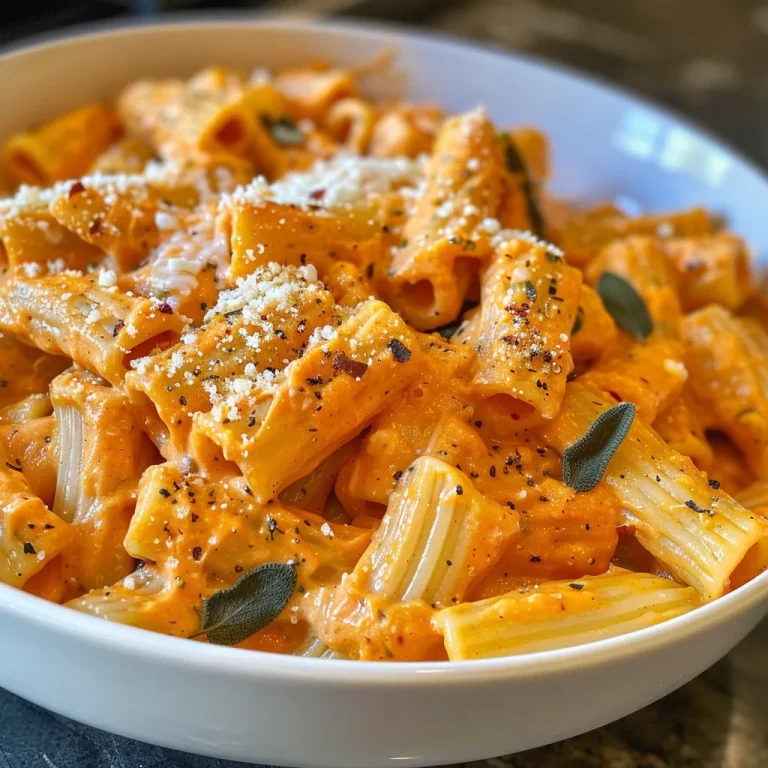 Close-up view of creamy pumpkin pasta with rigatoni and sage.
