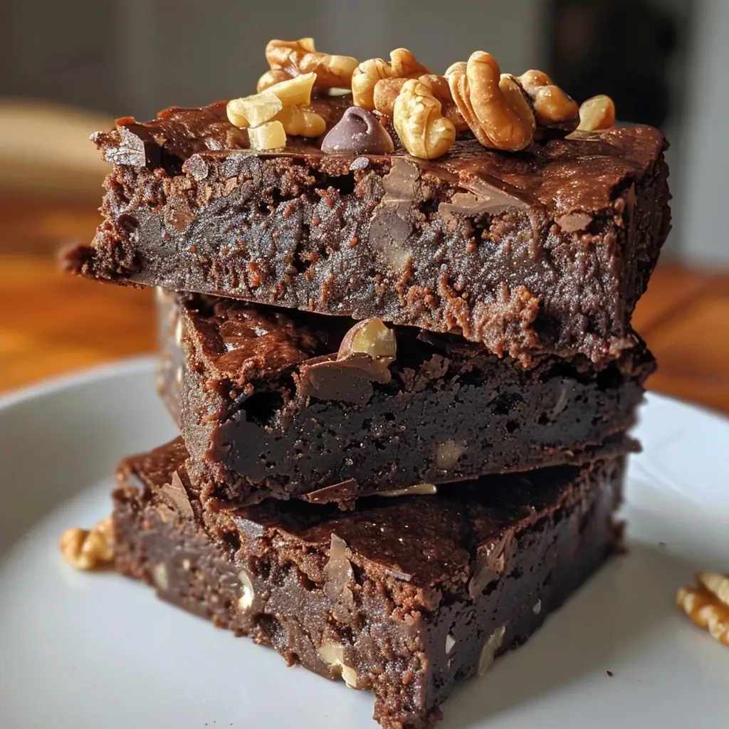 Fudgy walnut brownies displayed on a plate, showcasing their rich texture and ingredients.