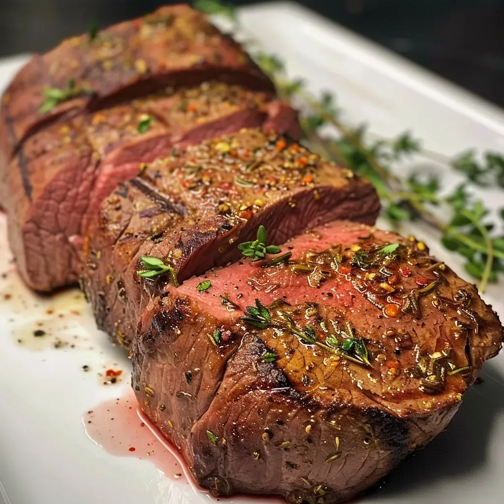 A beautifully cooked venison tenderloin with garnishes, captured in detail.