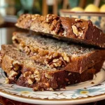 Close-up side view of a loaf of crunchy walnut bread on a wooden board.