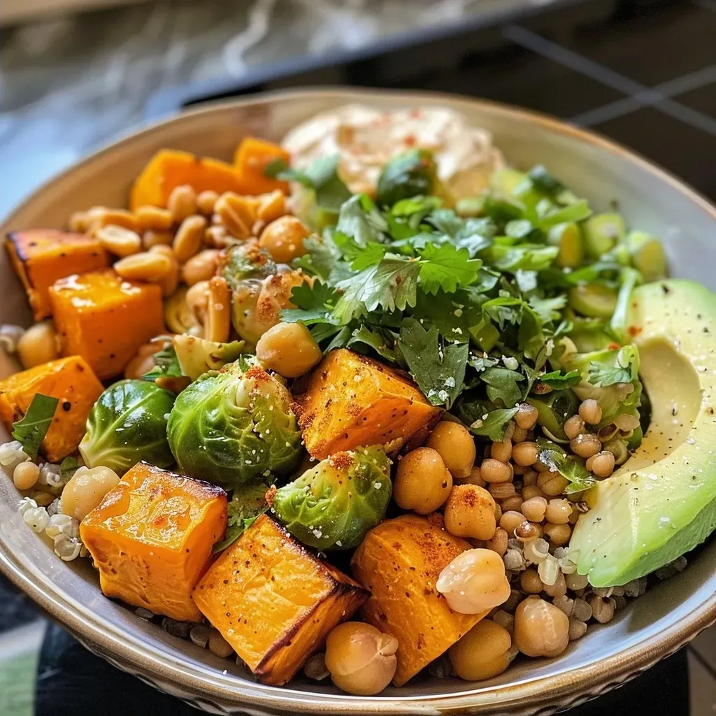 Side view of a colorful ancient grain bowl featuring various vegetables and toppings, with a creamy tahini dressing.