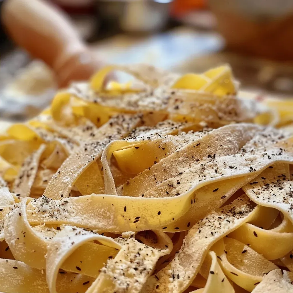 Side view of rich, textured wild rice pasta dough on a surface.