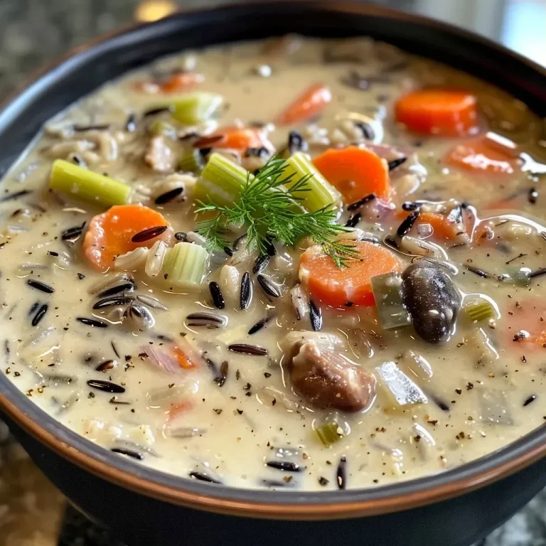 Nourishing Wild Rice Soup: A Protein-Packed Comfort in a Bowl Close-up view of a bowl of wild rice soup, showcasing its creamy texture and colorful vegetables.
